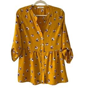 Mustard Yellow Floral Babydoll Button-Down Blouse - Size Medium Jessy b